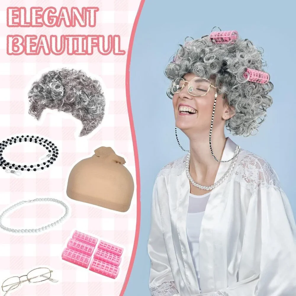 Old Lady Costume Set Gray Wig Glasses Pearl Necklace Cosplay Halloween